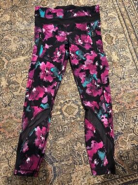 lululemon athletica Black Floral Print Leggings with Pink & Teal Accents